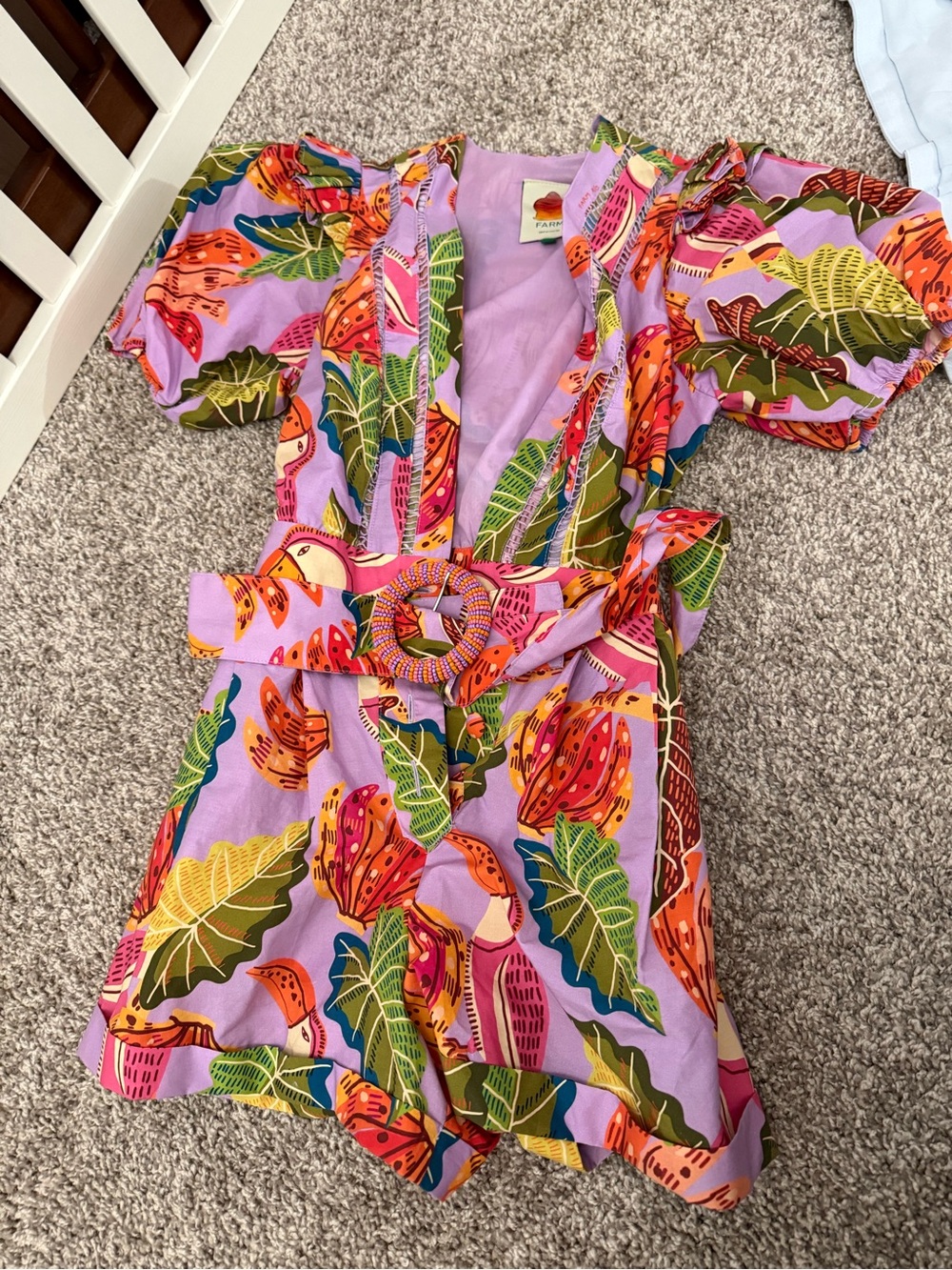 FARM Rio Purple Tropical Print Belted Romper with Multicolor Leaves